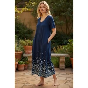 Pure Jill Maxi Dress Womens Medium Petite Navy Blue Floral Print Pockets